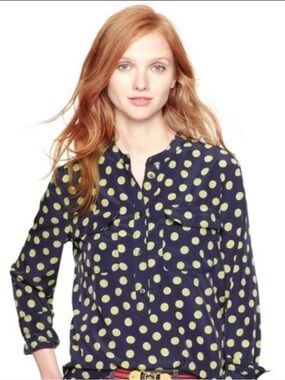 Women’s GAP Navy & Lime Green Polka Dot Long Sleeve Blouse Maximalist Workwear